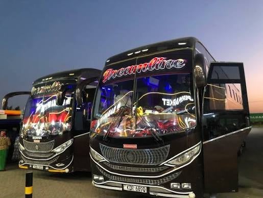 Three ornately decorated black buses lined up at dusk with colorful neon graphics and headlights illuminated